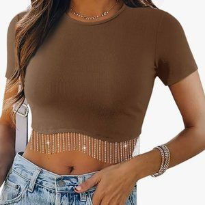 Nashville Sparkly Glitter Fringe Short Sleeve Crop Top Ribbed Rhinestone Tassel
